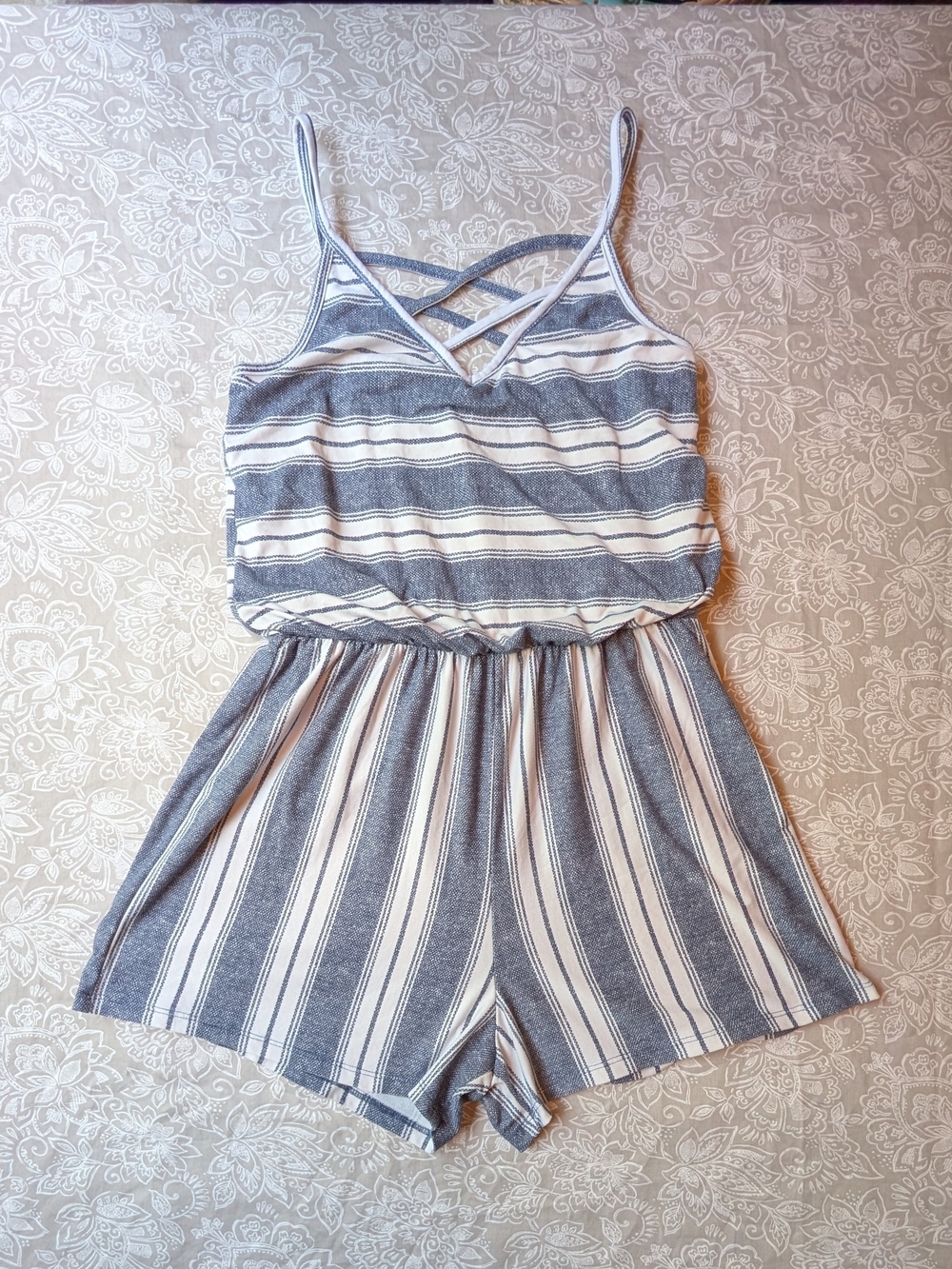 Romper Blue and White Striped with Crisscross Straps